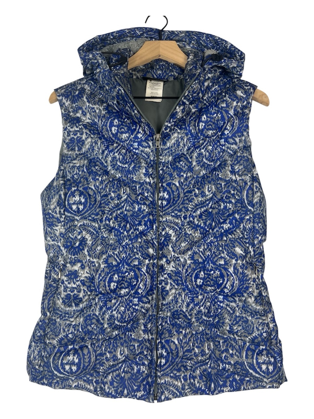 Patagonia Sz L Down With It Jayne Blue Paisley Vest Removable Hood